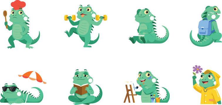 Cute Iguana Character Sticker Set Featuring Funny Green Lizard Activities Like Cooking, Fitness, Painting, Reading, Sunbathing, and Going to School