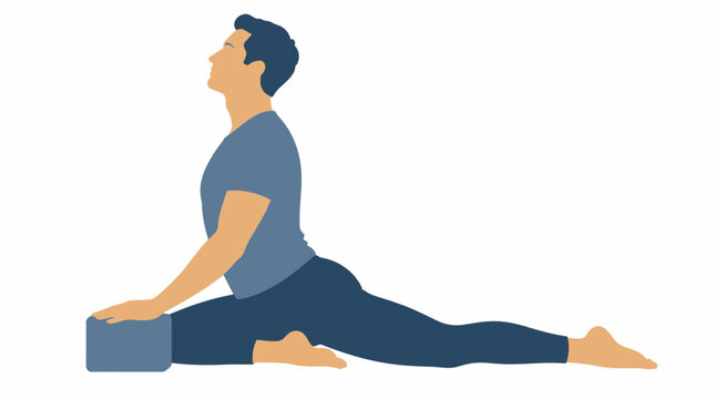Man practicing cobra yoga pose with support block.