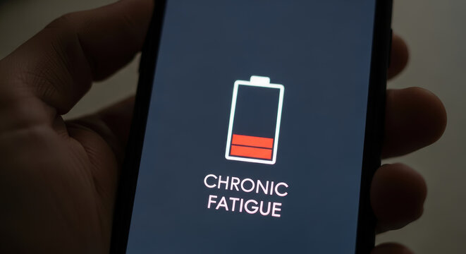 Battery icon on smartphone screen with chronic fatigue concept in dark hand held mobile economy labor gig