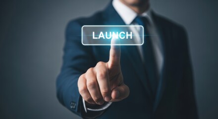 Obraz premium logistics network innovation Concepts. Businessman in suit pressing virtual launch button with finger innovative technology concept for start digital project or product introduction