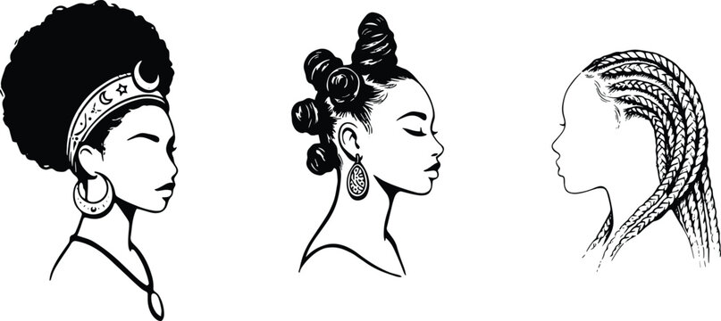 Beautiful Black Woman Portrait Vector Illustration Set Featuring Afro Braids and Bantu Knots Hairstyles for Melanin Queen Beauty Branding and Creative Logo Designs