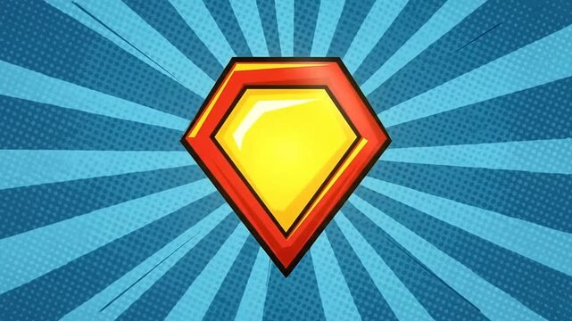 A bright yellow shield emblem on a blue comic book background