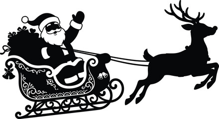 Santa Claus riding sleigh pulled by reindeer silhouette, Christmas holiday gift delivery concept, black white decorative graphic element, celebration ornament © MstSumi