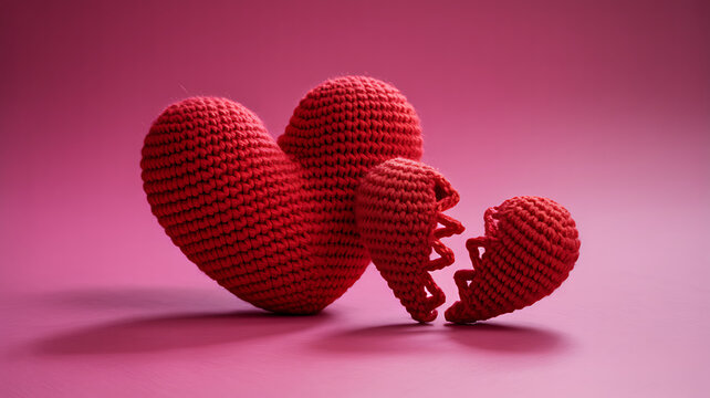 Crocheted red heart, broken heart, and whole heart on pink background