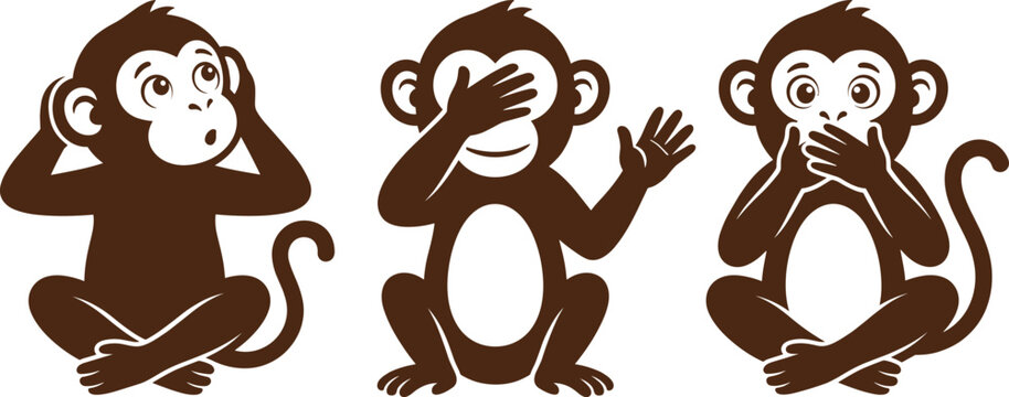 Three wise monkeys proverb concept, hear no evil see no evil speak no evil, cute cartoon characters, brown silhouette graphic elements