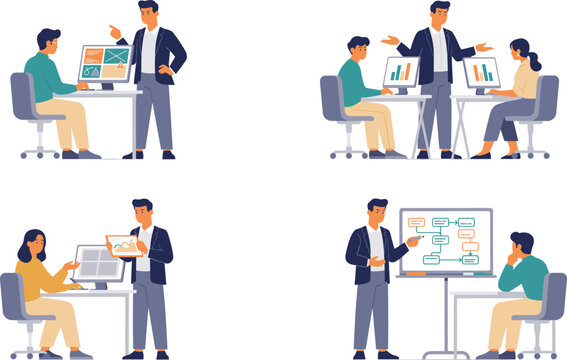 Business Manager Training and Coaching Office Employees with Data Analytics Dashboard Charts and Flowcharts on Whiteboard for Team Workflow Optimization Vector Illustration