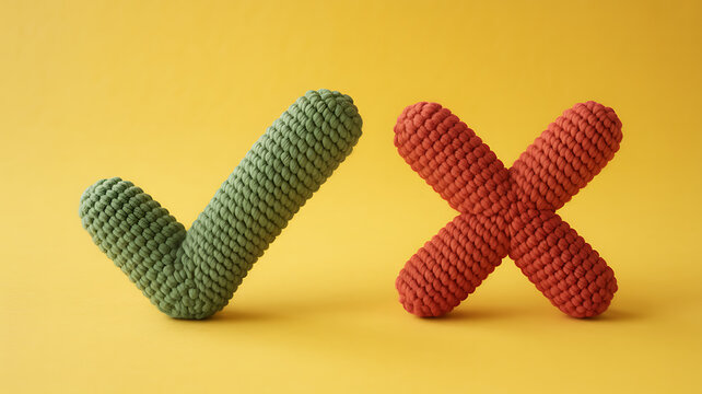 Crocheted green checkmark and red x on yellow background, check mark