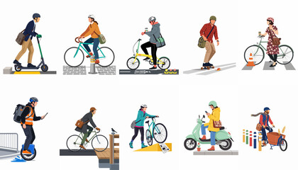 Flat illustration set of diverse people using urban transportation including bicycles, electric scooters, skateboards, and cargo bikes for daily commuting. © Sri