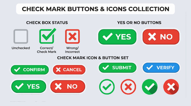 The check mark icon button set. check box icon with right and wrong buttons and yes or no checkmark icons in green tick box and red cross. vector illustration