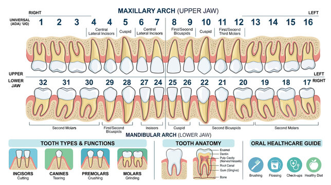 Dental Anatomy Chart: Maxillary and Mandibular Arch Teeth Numbering and Types