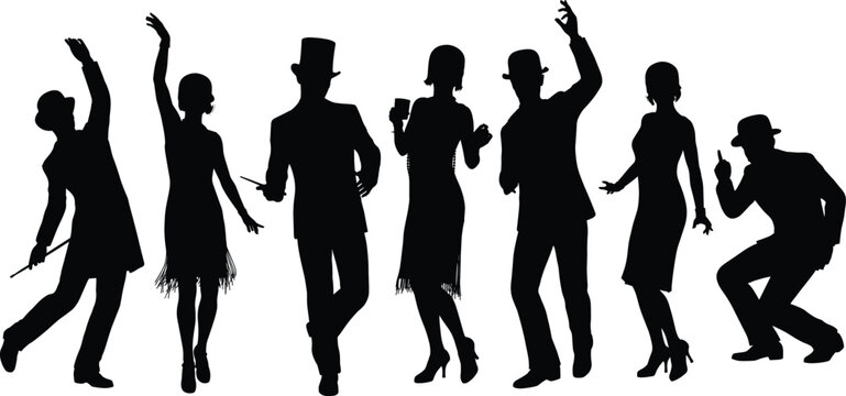 Great Gatsby Style Roaring Twenties Party People Silhouette Vector Set with Flapper Dancers Jazz Musicians and Men Wearing Vintage Top Hats