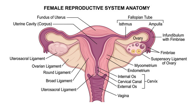 Female Reproductive System Anatomy Diagram - Uterus, Ovaries, Fallopian Tubes