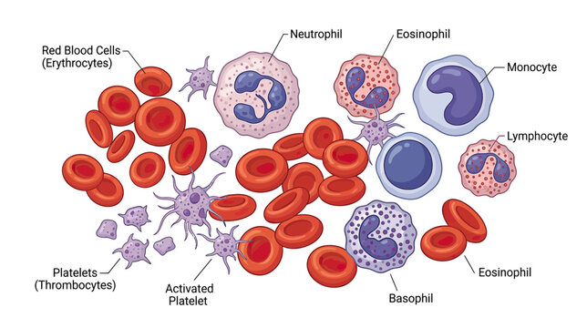 Human Blood Cells: Red Blood Cells, White Blood Cells, Platelets - Medical Illustration