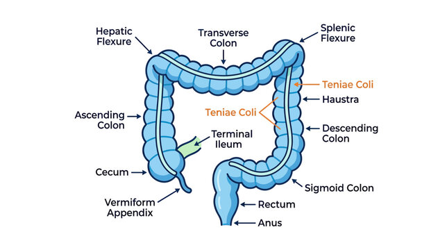 Human Colon Anatomy Diagram with Labels - Digestive System Medical Illustration