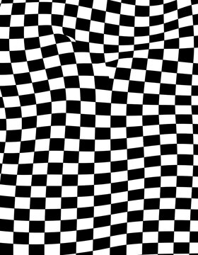 A distorted checkered pattern with black and white squares