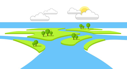 Naklejka premium Stylized river delta with green islands and sunny sky.