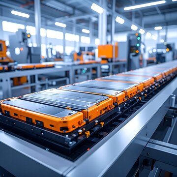 A factory assembly line with orange and black rectangular objects on a conveyor belt