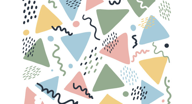 Seamless abstract geometric pattern with hand drawn pastel triangles and squiggles.