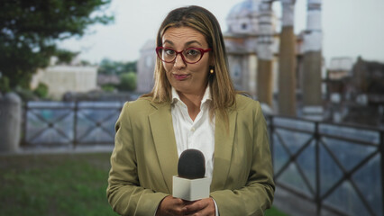 Fototapeta premium Woman reporter holding microphone with hands and red glasses in front of street scene; press skepticism.