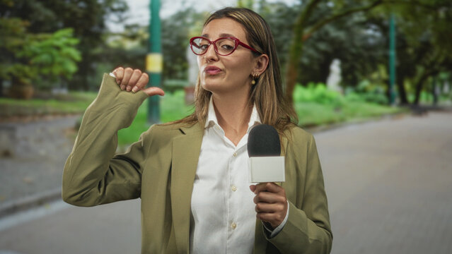 Woman reporter holding microphone and pointing thumb to self on street during outdoor interview; wry confidence.
