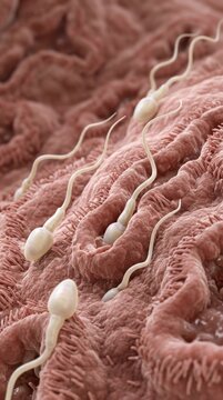 Microscopic life formation: sperm cell, internal human reproduction, ovum fertilization, embryonic development, female system, biological journey.