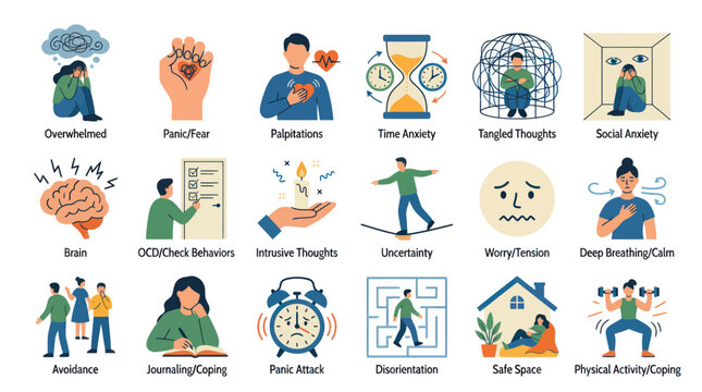 Mental Health Icons: Anxiety, Stress, Coping - Flat Vector Illustration