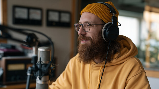 A radio broadcaster speaking into a vintage desk microphone in a small community station control room, analog meters on the wall, local media, audio journalism, independent