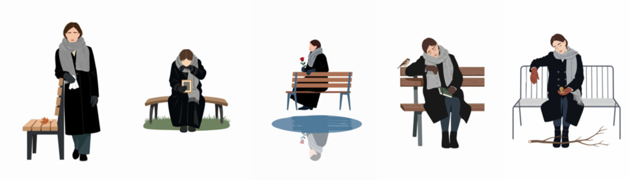 Set of vector illustrations showing a sad woman in black mourning clothes, sitting alone on park benches during autumn and winter seasons.