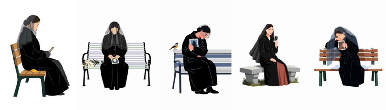 Set of illustrations depicting grieving women in black mourning attire sitting on benches, holding photographs of their lost loved ones with profound sadness.