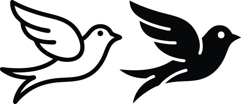 Minimalist black and white flying bird icons side by side showing outline and filled versions graphic illustration