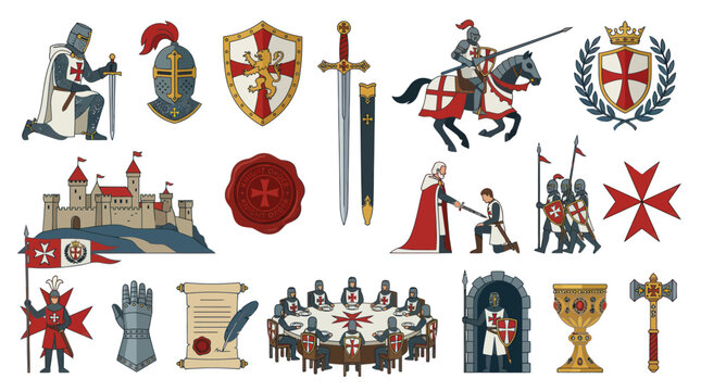 Medieval Knights Templar Historical Icons - Vector Art