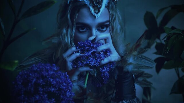 close-up hand with sharp claws black nails evil gothic fantasy woman owl touching flowers in dark night forest, halloween holiday bird costume feathers. sexy face eyes lips fairy tale elf mystery girl
