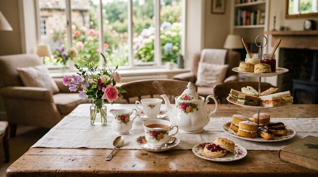 A Cozy English Afternoon Tea Scene with Scones, Sandwiches, and Teapots on a Rustic Wooden Table in a Sunny Living Room Overlooking a Garden