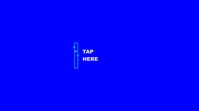 Tap here button interface with glowing floating particles in a digital motion animation for modern mobile application user interaction design