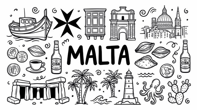 Malta Island Travel Landmarks in Black and White Hand Drawn Doodle Style