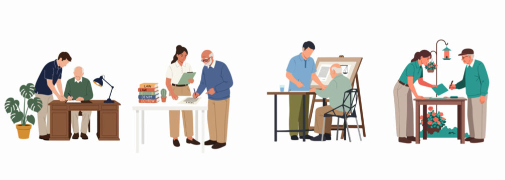 Illustration set of elderly people receiving legal assistance and help with document signing from young volunteers or professionals in various settings.