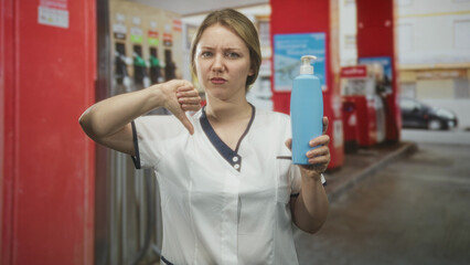 Woman in white uniform holding blue pump bottle and showing thumbs down at gas station forecourt on street  safety concern disapproval. © Krakenimages.com