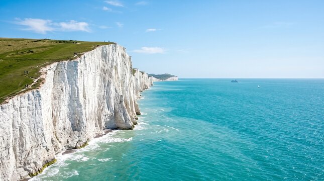 Stunning landscape view of the iconic white chalk cliffs of Beachy Head in East Sussex, England, towering over the bright turquoise waters of the English Channel under a clear blue summer sky