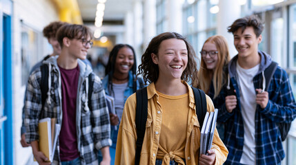 Obraz premium Teenage friends walk through a school building while holding their study books.