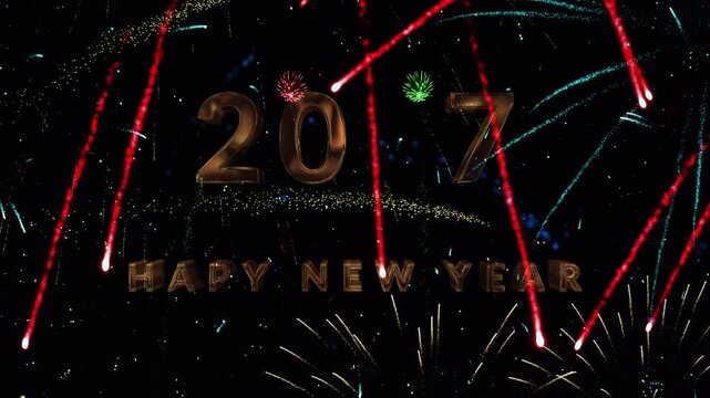 Firework display outdoors. Festive happy new year 2025 with golden New Year's Eve,New Year,Firework Display, New year's eve fireworks show Explosion display sky night Seamless Loop Background 4K
