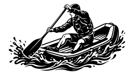 Man paddling inflatable raft down whitewater rapids, dynamic action illustration © slamet