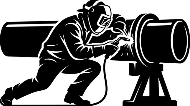 Welder working on large pipe with sparks flying, industrial illustration