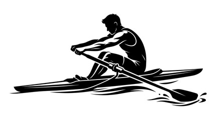 Silhouette of a rower in a scull boat, rowing on water © slamet