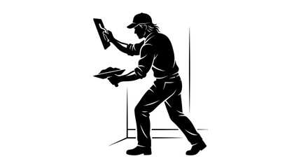 Construction worker plastering wall, silhouette, skilled labor, renovation, building industry © slamet
