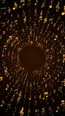 Naklejka premium golden music notes flying space tuunnel on dark background ,song, music and concert stream vertical social media background