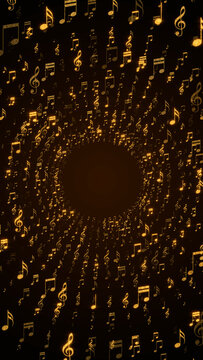 golden music notes flying space tuunnel on dark background ,song, music and concert stream vertical social media background