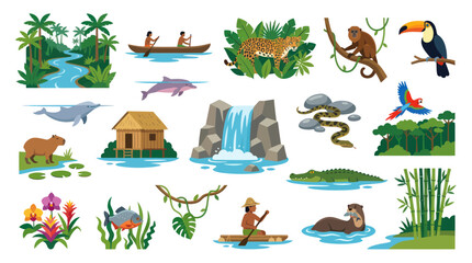 Obraz premium Flat Amazon Rainforest Icons Set - Wildlife, Nature, and Indigenous People Elements Vector Art