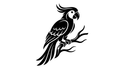 Fototapeta premium Black Silhouette of a Parrot Perched on a Branch, Isolated on White Background