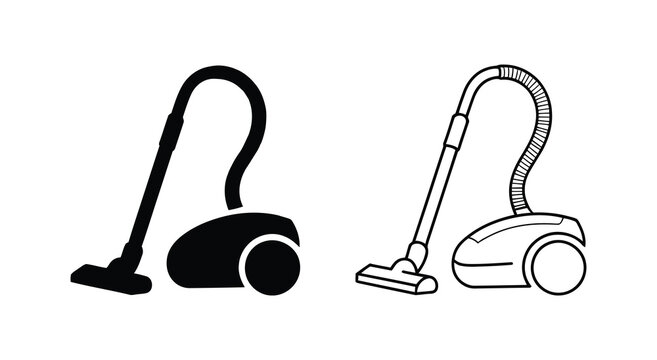 Vacuum cleaner icon set featuring household cleaning appliance in outline and silhouette styles for housekeeping and home maintenance vector illustration.
