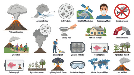 Fototapeta premium Volcanic Eruption Effects Safety Measures Vector Icons Set - Flat Design